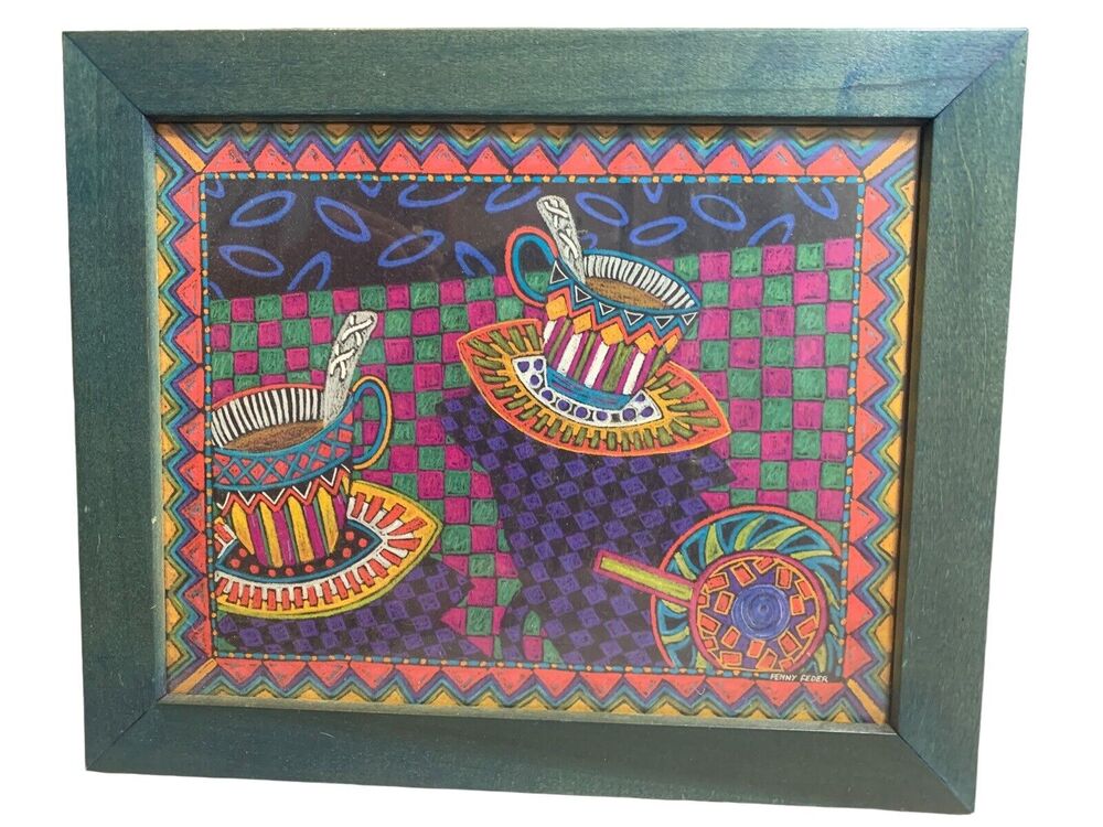 Vtg Art Penny Feder Framed Art Teacup Series Pier 1 Mugs Coffee Kitchen Decor